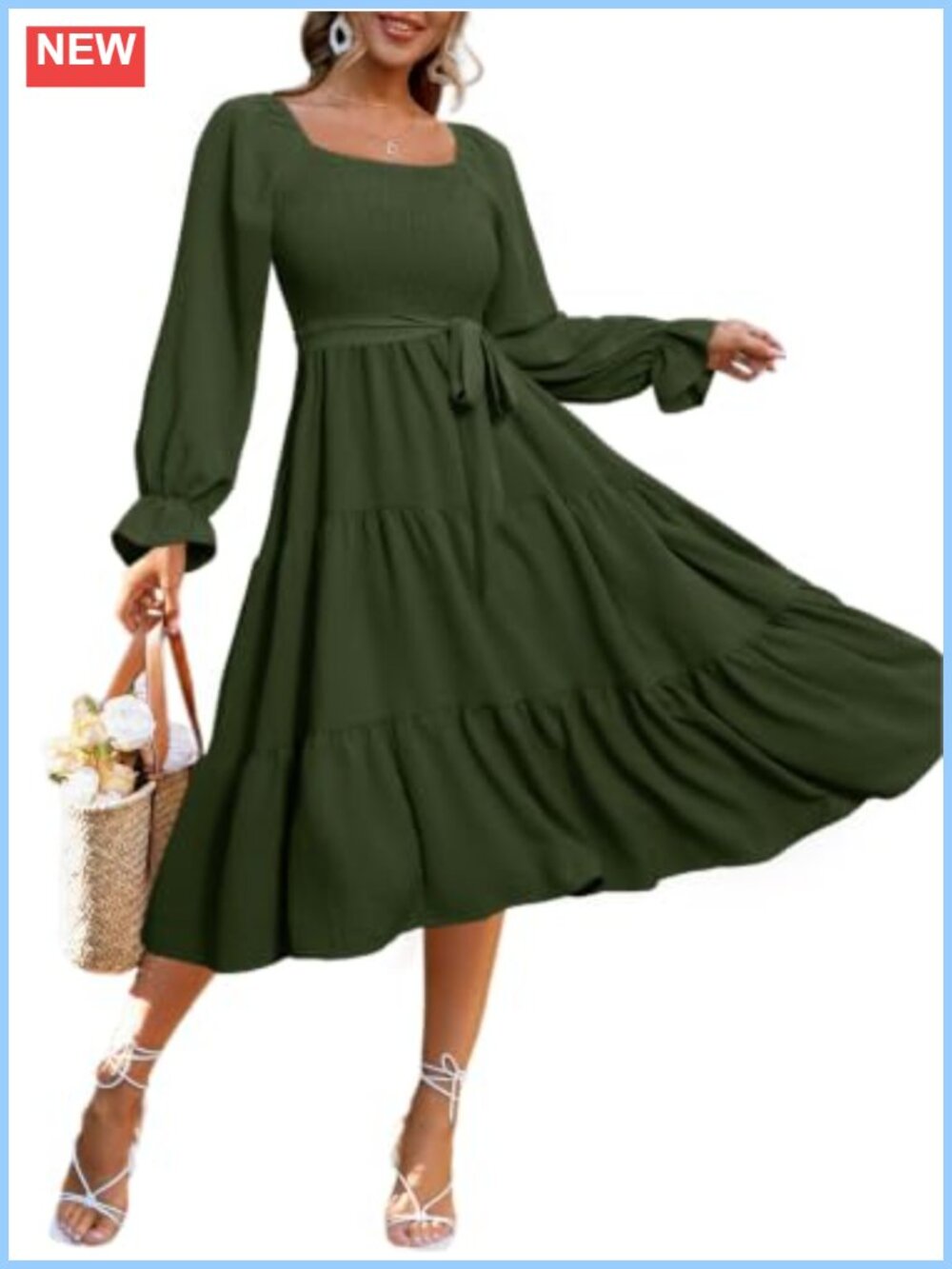 Simplee 100% Viscose Long Sleeve Maxi Dress Square Neck Smocked Flowy Wedding